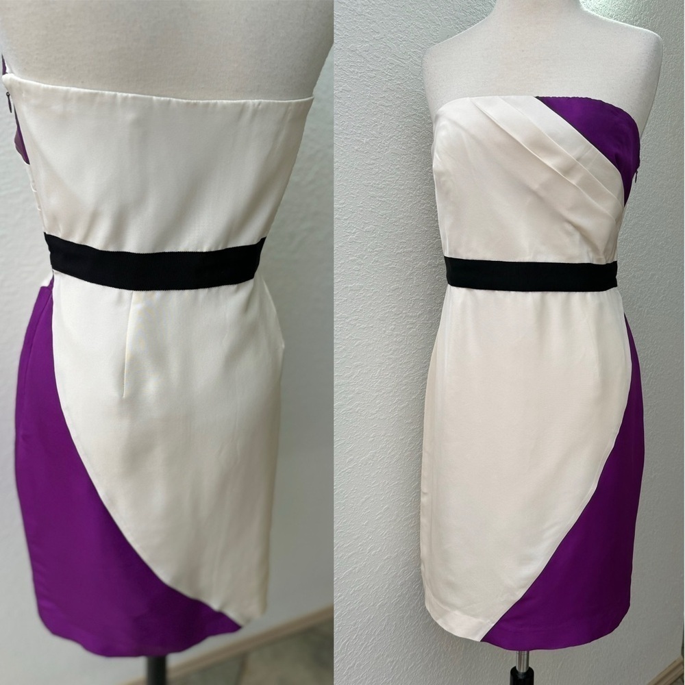 Gianni Bini Strapless Color block‎ 100% Silk Dress  Ivory/Purple/Black *Size 8*
